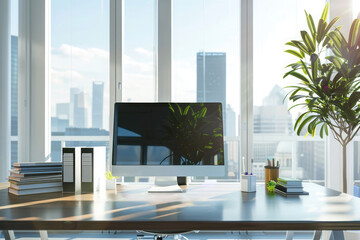 Well-lit workspace blending comfort with style; ergonomic setup, green plant, and skyline view