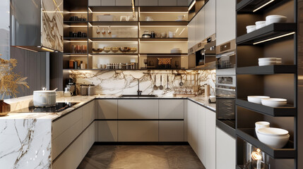 Modern Luxury Kitchen with Marble Countertops and Island