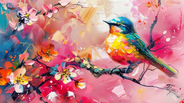 Abstract colorful oil, acrylic painting of bird and spring flower. Modern art paintings brush stroke on canvas. Illustration oil painting, animal and floral for background