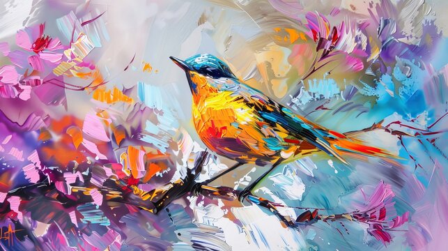 Abstract colorful oil, acrylic painting of bird and spring flower. Modern art paintings brush stroke on canvas. Illustration oil painting, animal and floral for background
