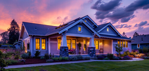 The serene hues of dusk enveloping a pastel violet Craftsman style house, suburban calm as the evening settles in, sky blending colors of the sunset - obrazy, fototapety, plakaty