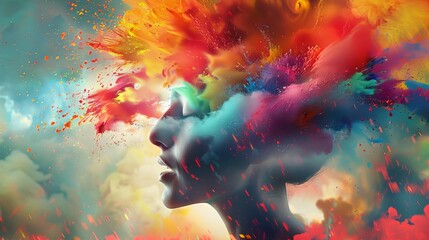 Explosion of colors from artist's head, creative inspiration concept illustration - obrazy, fototapety, plakaty