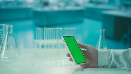 Smartphone with Green Screen on Research Biochemistry lab Desk. Advertising area, workspace mock up.
