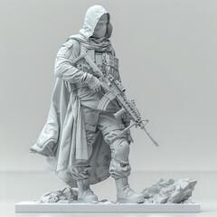 white plastic model of a hooded soldier carrying a large machine gun