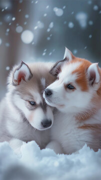 two husky puppies are cuddling together in the snow. ai generated image.