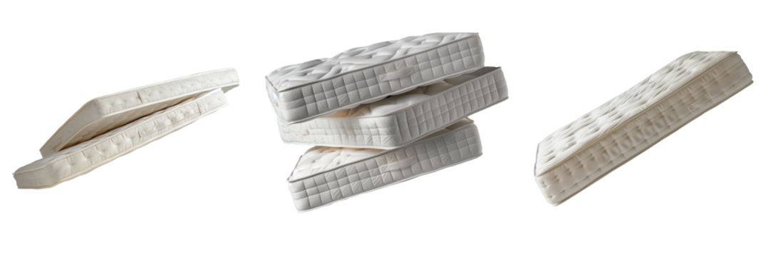 Set of stacked white mattresses isolated on a white or transparent background. Bundle of spring mattresses close-up, side view. Graphic design element on the theme of interior.