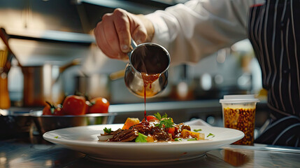 Chef Pouring Sauce on a Gourmet Dish in a Restaurant Kitchen
