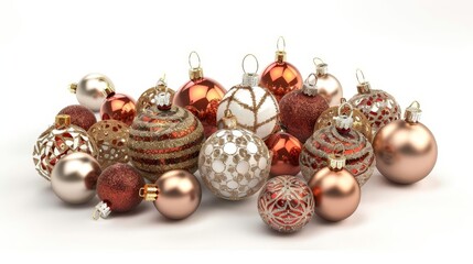 Festive Christmas decorations and New Year's ornaments isolated on white background, 3D illustration for holiday designs
