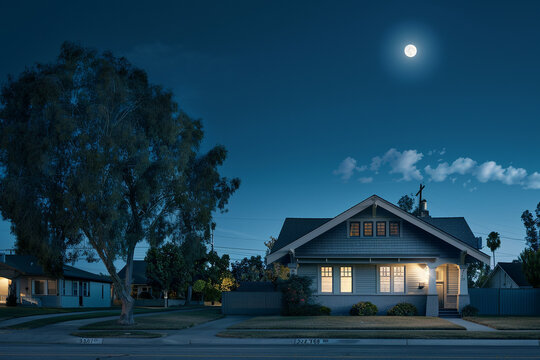 The tranquil beauty of a suburban night, a pale indigo Craftsman style house under a clear sky illuminated by a full moon, streets silent and serene
