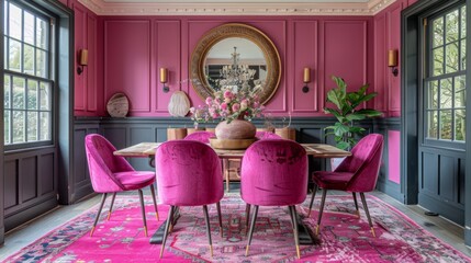 Vibrant Dining Elegance: Hot-Pink Chairs and Wall with Grand Mirror