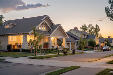 The tranquil colors of early evening painting a classic scene with a soft beige Craftsman style house, the suburban street quiet as families settle for dinner, calm and comforting - obrazy, fototapety, plakaty