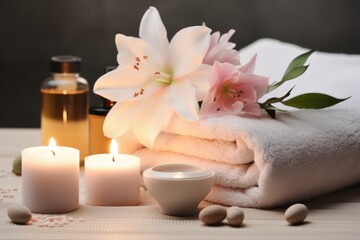 Fototapeta na wymiar Spa composition with soft towels, candle and a beautiful flower