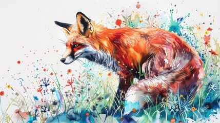 A fox is sitting in a field of flowers. The painting is colorful and lively, with the fox standing out as the main subject. The flowers in the background add a sense of natural beauty