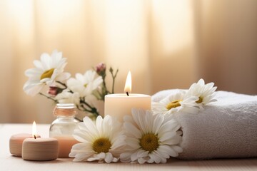 Fototapeta na wymiar Spa concept with a soft towel, candles and flowers