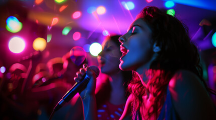 Woman singing in a karaoke with party atmosphere