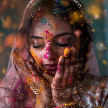 Portrait of a beautiful Indian woman with various colours, painting, powders on her face. Concept of traditional Holi festival, India culture, religion, tradition