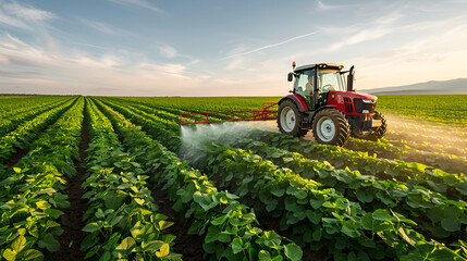 Tractor spraying pesticides at soy bean field, Tractor spraying soybean field at spring, Tractor Spraying Pesticides, Generative Ai - obrazy, fototapety, plakaty