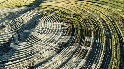 A large circle of dirt with a shadow of a person in the middle. The circle is surrounded by a field of grass