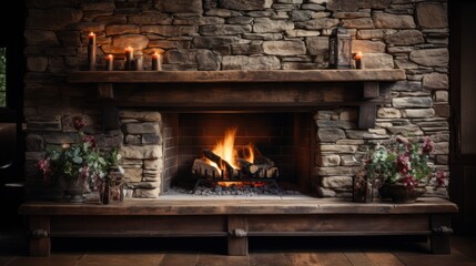 Fireplace with burning candles in the interior of a country house.