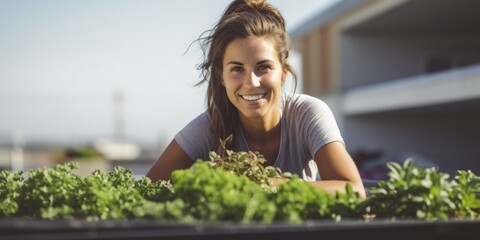 A young woman plants plants on the roof of a contemporary building. Stable eco system. Generative AI.