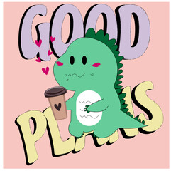 Dinosaur with a bright background and coffee in hands