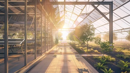 A greenhouse with a path leading through it. The path is lined with trees and plants. The sunlight is shining through the glass, creating a warm and inviting atmosphere