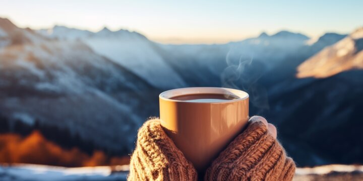 A girl holds a mug of hot drink, coffee, tea against the background of winter mountains in the camp. Generative AI.