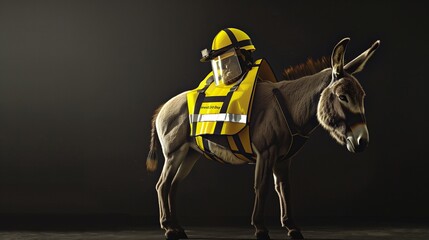 In a scene that captures the essence of World Safety Day, a serene donkey sports a high-visibility safety jacket and a protective yellow helmet. Positioned  on the left for editorial use. - obrazy, fototapety, plakaty