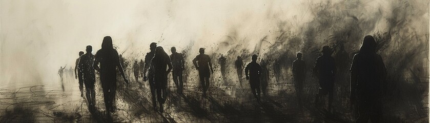 An atmospheric drawing of a marathon with a crowd of runners stretching into the distance using charcoal to convey the mass movement and individual perseverance
