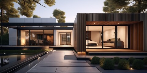 A stylishly understated modern exterior house style leading into a modern living room space, with sleek architectural elements, minimalist furnishings, and ample natural light. - obrazy, fototapety, plakaty
