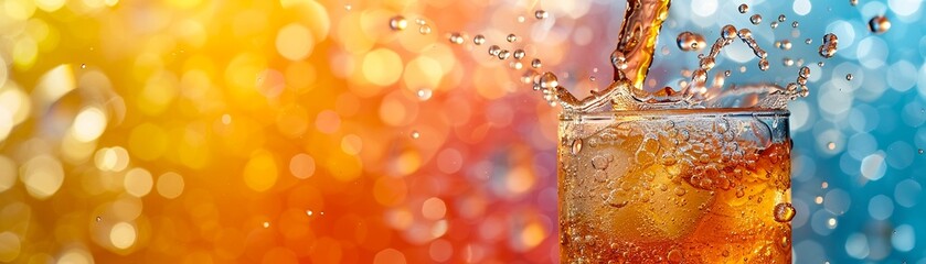 Detailed shot of a fizzy drink being poured focusing on the bubbles and splash against a vibrant backdrop