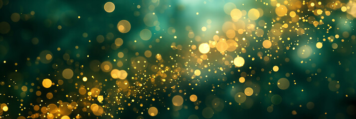 Happy St Patrick's Day Background. Golden Bokeh Lights on Emerald Background. Abstract Gold and...