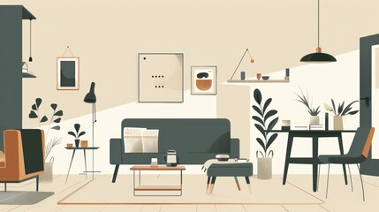 A cartoonish drawing of a living room with a couch, coffee table, and potted plants