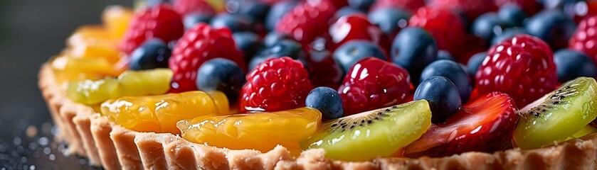 Zoomed-in shot of colorful fruit tart capturing the glossy fruit and delicate crust texture - obrazy, fototapety, plakaty