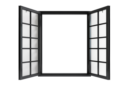 Modern and minimal house window for interior decoration isolated on background, open office glass window frame.