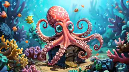 Obraz premium Beneath the ocean's surface, a playful octopus twirls its tentacles around an ancient chest, surrounded by vibrant coral life.