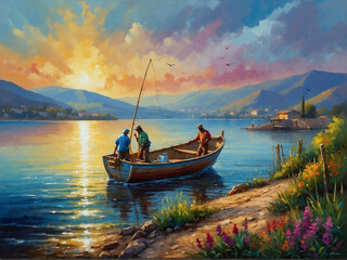 Tranquil Evening by the Lake Couple Enjoying Fishing with Stunning Mountain Views and Colorful Sunset Reflection