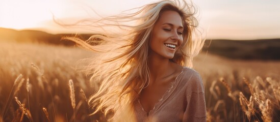 A woman with surfer hair is standing in a field of tall grass, her hair blowing in the wind, creating a happy and picturesque landscape - obrazy, fototapety, plakaty