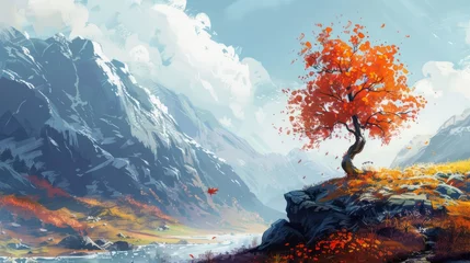 Poster autumn landscape with alone tree on mountain, coming home concept, illustration painting © Emil