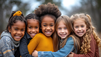 Obraz premium Cheerful group of diverse children hugging and smiling outdoors.