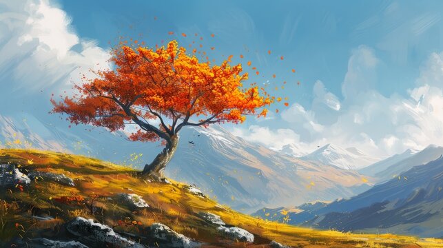 autumn landscape with alone tree on mountain, coming home concept, illustration painting