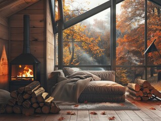 A cozy cabin interior with large windows, a modern fireplace and stacked firewood on the floor