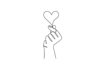 Mini heart hand gesture one line drawing. Minimalist romantic love symbol, continuous line art of heart in hand for print. Vector illustration