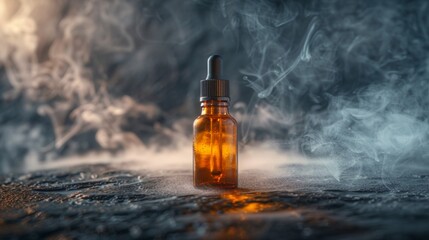 Amber Dropper Bottle Encased in Soft Mist, Old-World Apothecary Mystique style Against a Dark Stone Background