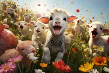 Baby animals playing in a spring meadow - obrazy, fototapety, plakaty