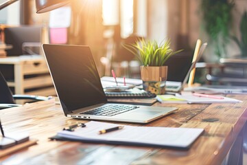 A laptop sits on a wooden desk with a potted plant in front of it. The desk is cluttered with papers, pens, and other office supplies. Concept of productivity and organization, as the laptop
