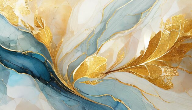 abstract marble marbled stone ink liquid fluid painted painting texture luxury background banner blue petals blossom flower swirls gold painted lines illustration