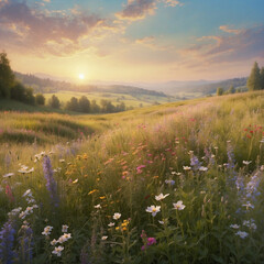 Sunset Over a Blooming Meadow Serene Landscape with Colorful Flowers and Dramatic Sky in the Background