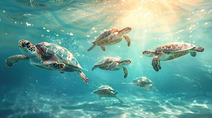 Wandcirkels plexiglas A tranquil scene of sea turtles swimming near the ocean's surface, with sunlight filtering through the water. © Furyfazia