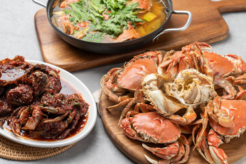 Korean food, red, crab, tempura, marinade, marinade, soy sauce, soup, steamed squid, stir-fried, braised tofu, pork, kimchi, stew, soybean paste, side dish, bean sprouts, anchovies, spinach